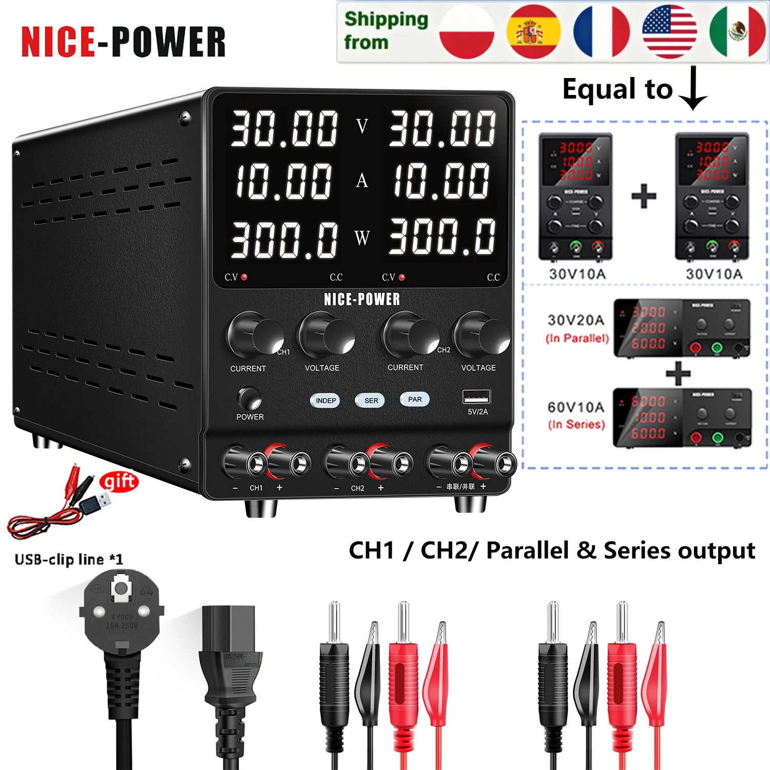 NICE‑POWER Doppelkanal-Netzteil 30V 10A, einstellbares Labornetzteil 30V 5A 60V 5A 120V 3A, Serien- und Parallelausgang mit einer Taste, schneller Versand aus lokalem EU Lager