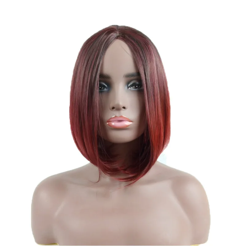 Best-selling wig female black gradient Burgundy medium part bangs short straight Bob synthetic high temperature silk wig