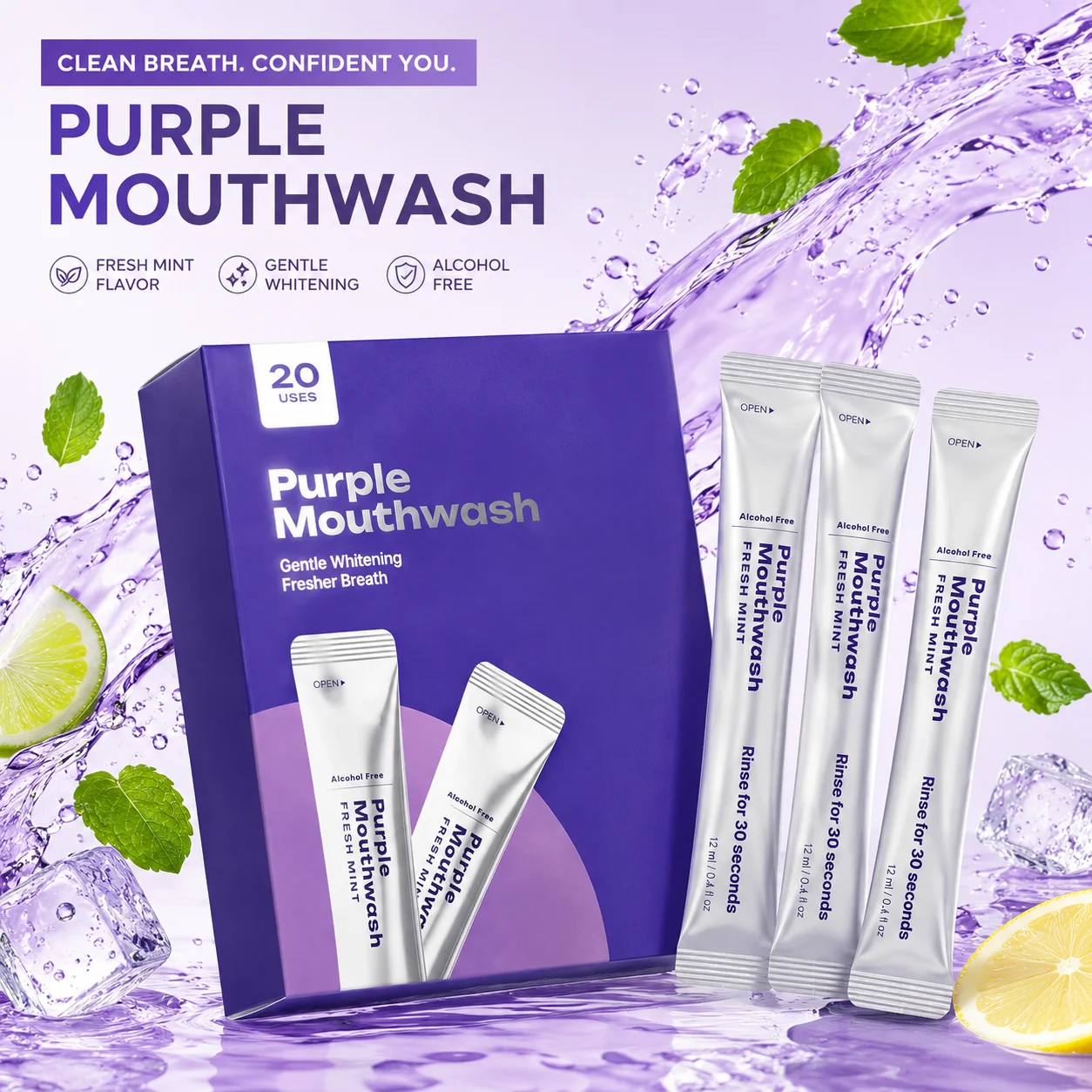 20Pack Purple Mouthwash For Teeth Whitening, Tooth Color Correcting Deep Clean Oral Food Residues Portable Whitening Mouthwash - view 2