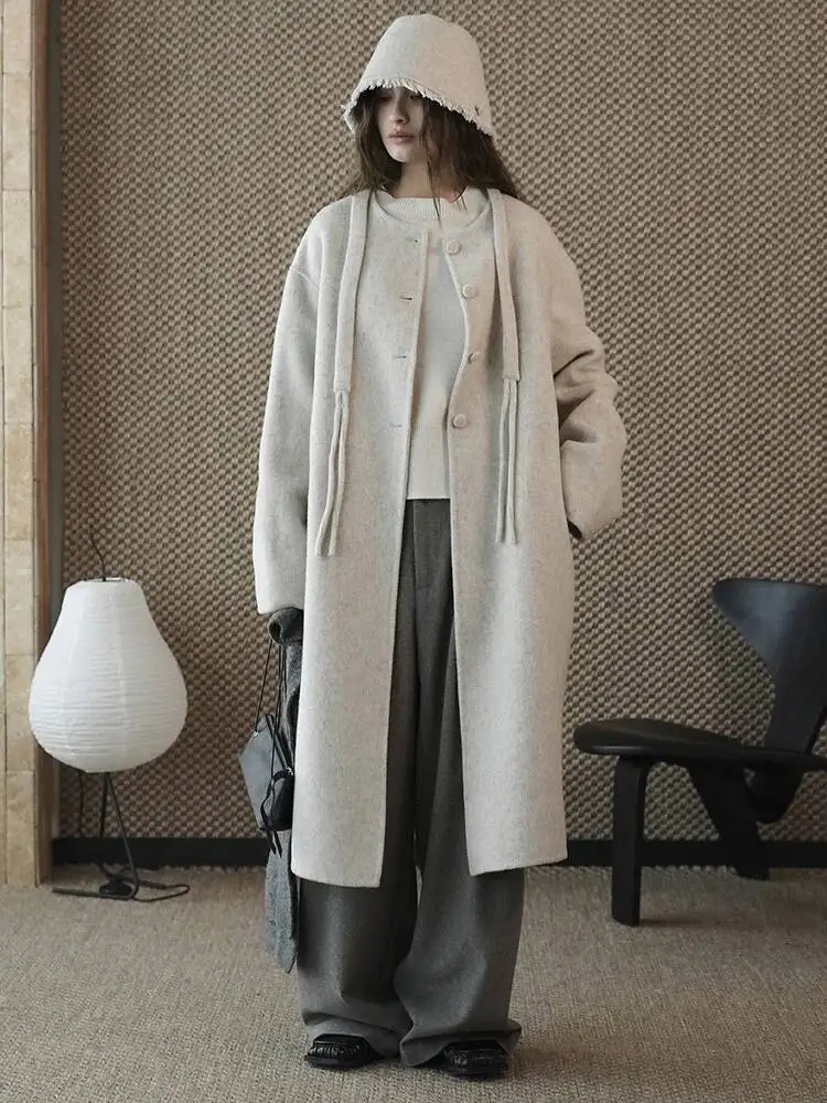 HUISONG الشوفان اللون 70% الصوف حجم كبير معطف الصوف الدافئ جديد س الرقبة طويلة الأكمام المرأة سترة موضة المد الخريف الشتاء 2025 ycescj