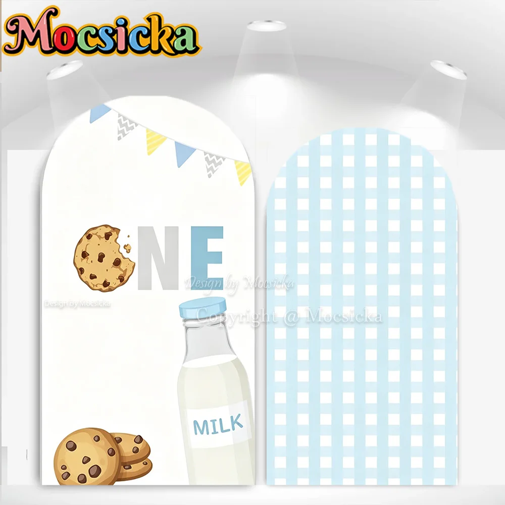 Mocsicka Boy ONE Cookie Baby Shower Arch Cover Backdrop Milk and Cookies Blue Gingham 1st Birthday Party Photography Background