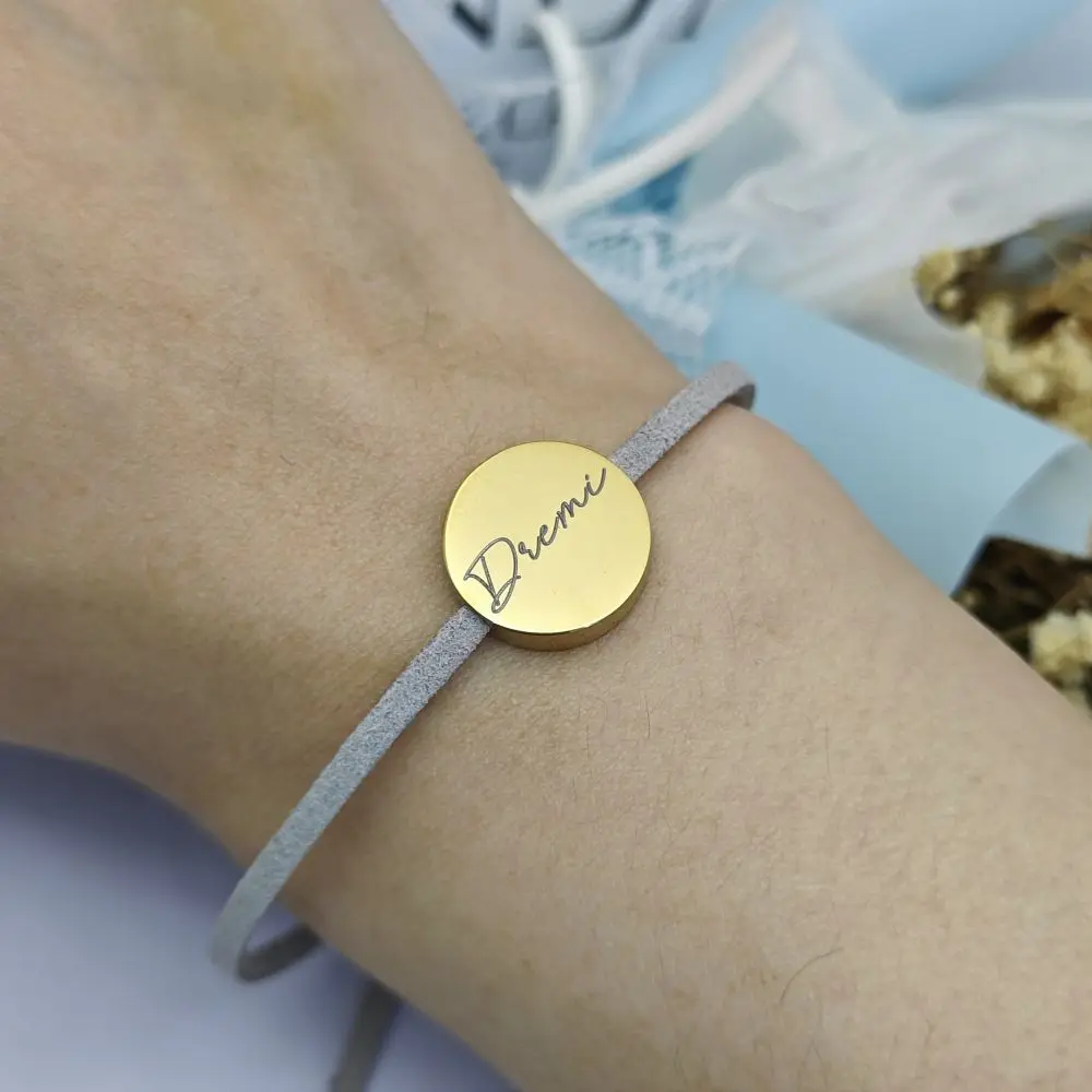 2023 Personalize Engraving Round Coin Charm Name Rope Bracelet Custom Letter Initial Leather Bracelet For Women Jewelry Gifts
