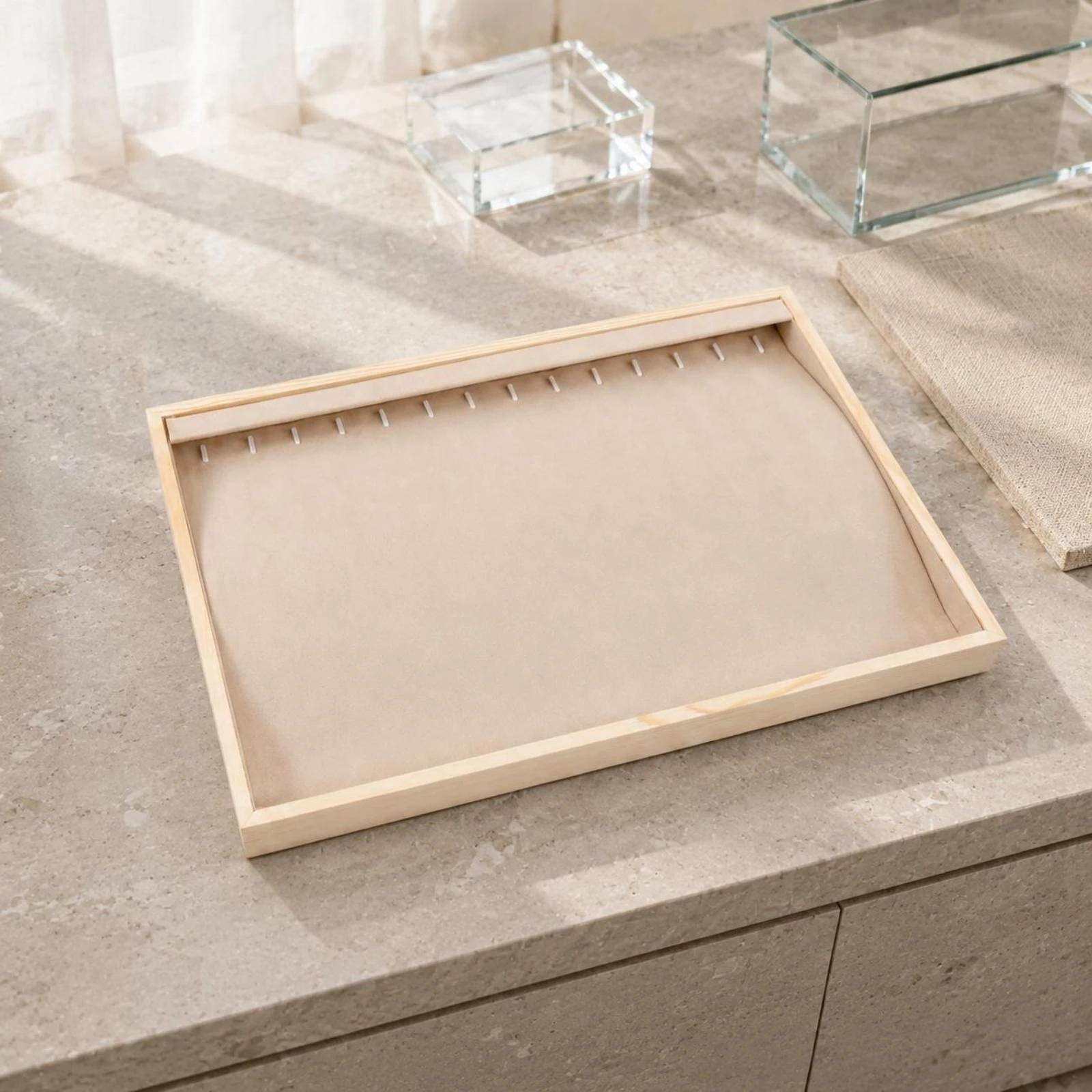Wood Jewelry Tray Wooden Cloth-Lined-Lined Tray Home Storage Beige Shallow