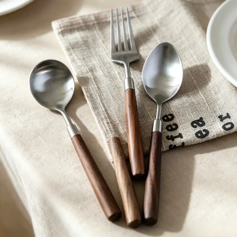 Stainless Steel Cutlery Set Walnut Wood Handle Retro Brushed Steak Knife Fork Spoon Durable Tableware for Home Dinner Kitchen