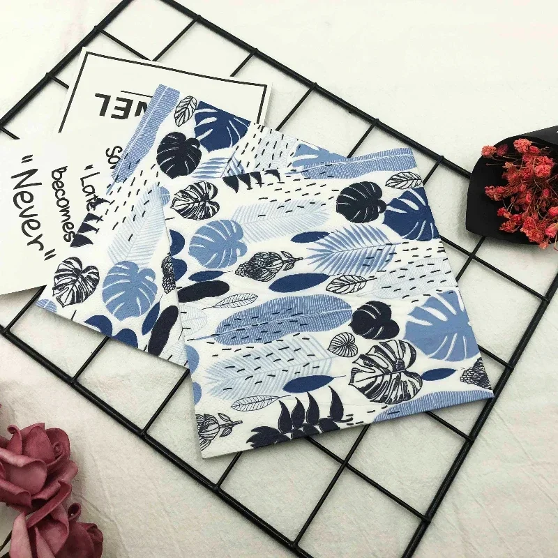 20pcs/Bag Colourful Printed Napkins Blue Leaves Creative Square Folding Facial Napkins Restaurant Party Baking Mouthcloths