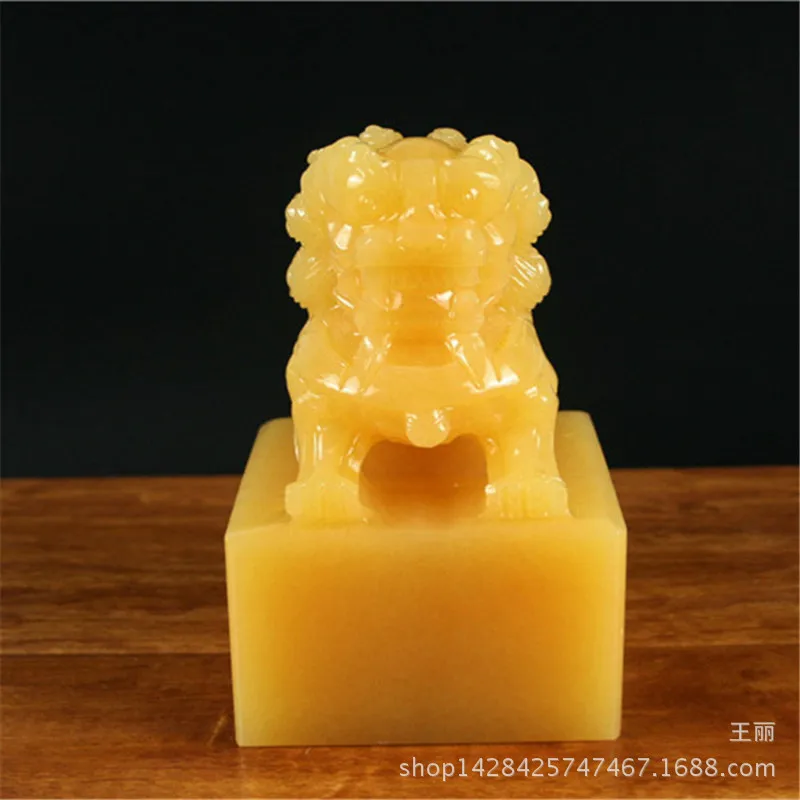 Wholesale beige jade lion seal ornaments, jade items, jade lions, jade seals, name inscriptions, calligraphy, book collection cr