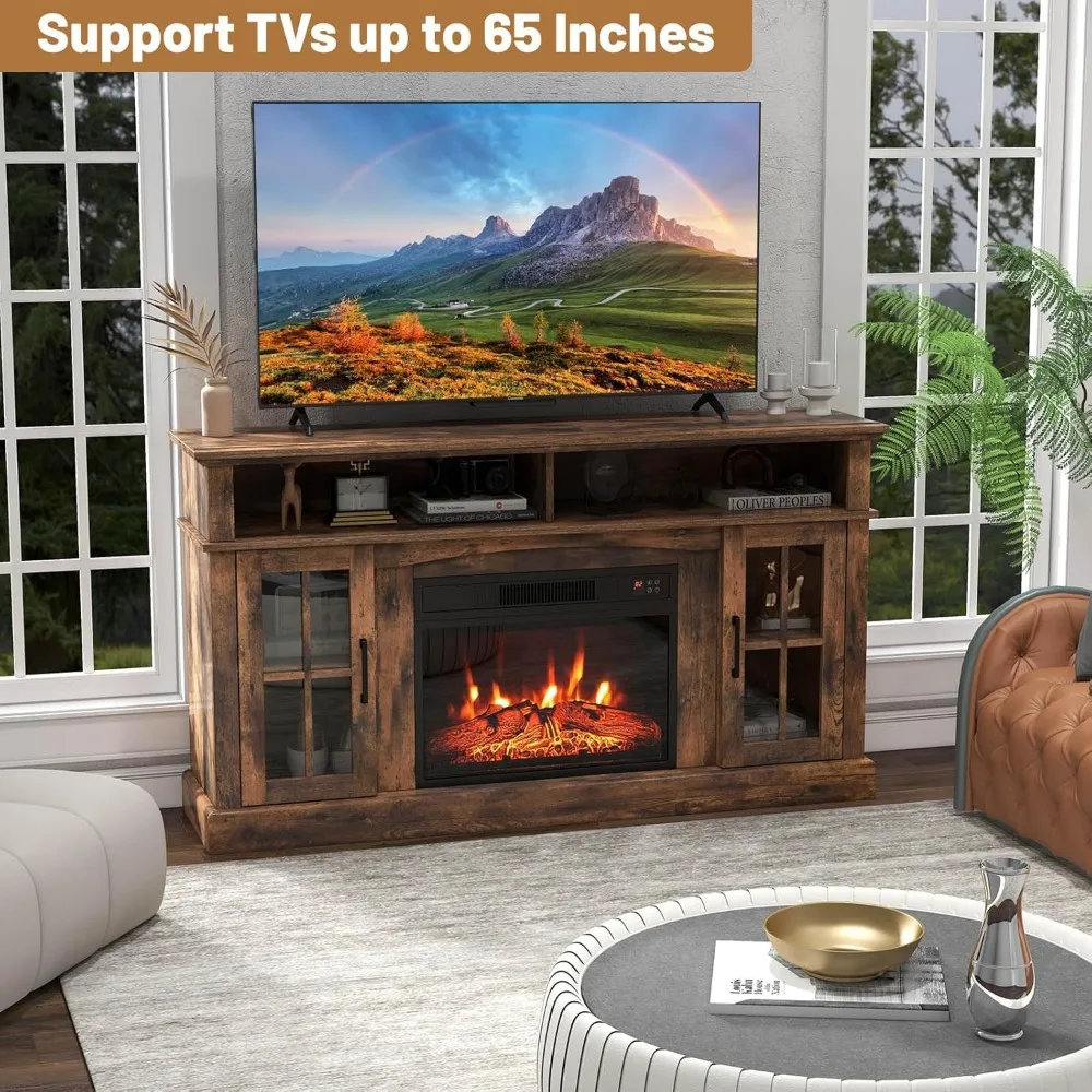 65 Electric Fireplace TV Stand, 1400W Heater, Remote Control, 6H Timer, Adjustable Flames