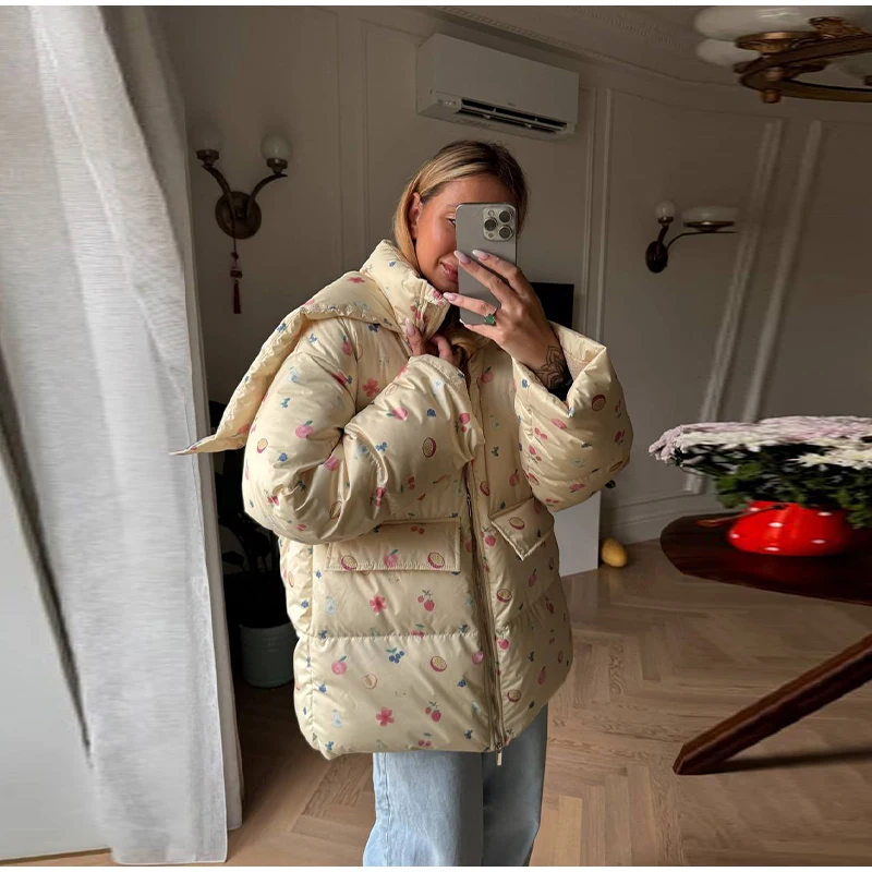 Unique Hooded Women's Winter Jacket Elegant Printed Thicken Pockets Full Sleeve Female Cotton Coat 2025 New Woman Coats Outwears