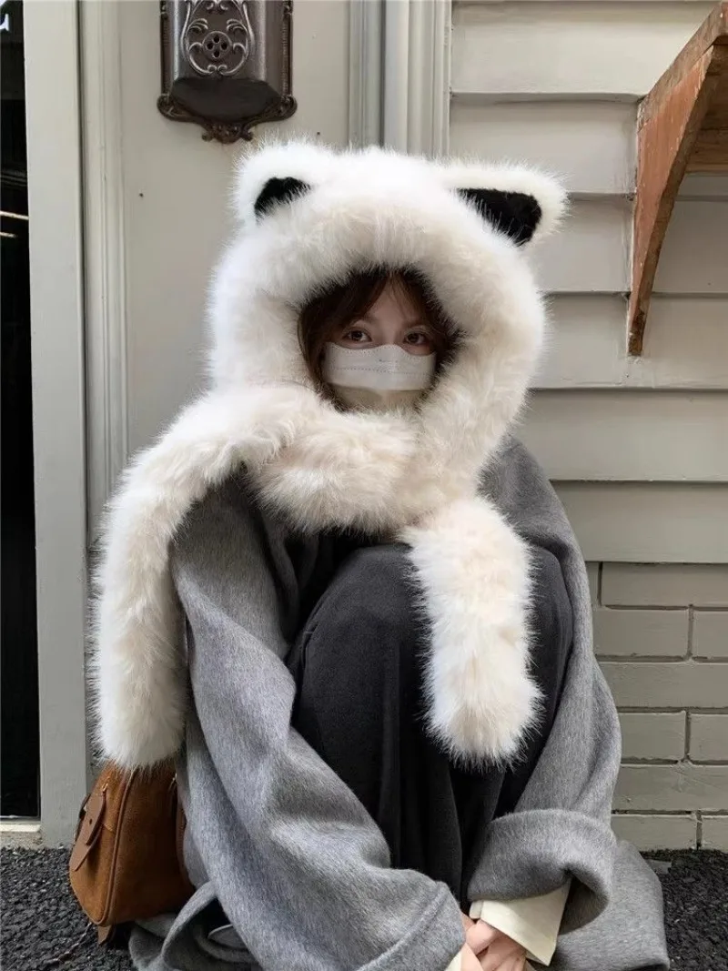 High End Warm Plush Thick Plush fox Ear Hat Scarf Integrated 2025 Autumn and Winter New Season Cold Proof ear Protection Hat WLF