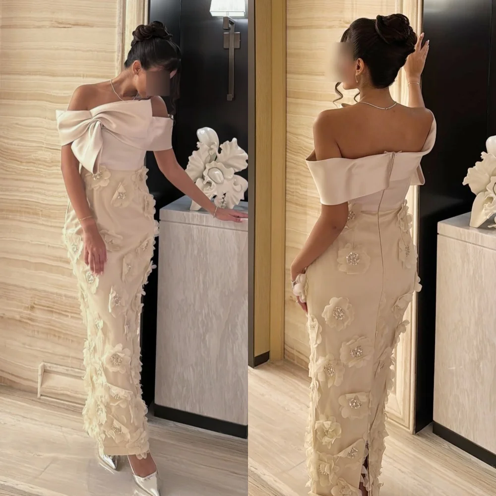 

Customized Charmeuse Applique Sequined BowOff-the-shoulder Sheath Midi Dresses Bespoke Occasion Formal Evening Gorgeous Glitter