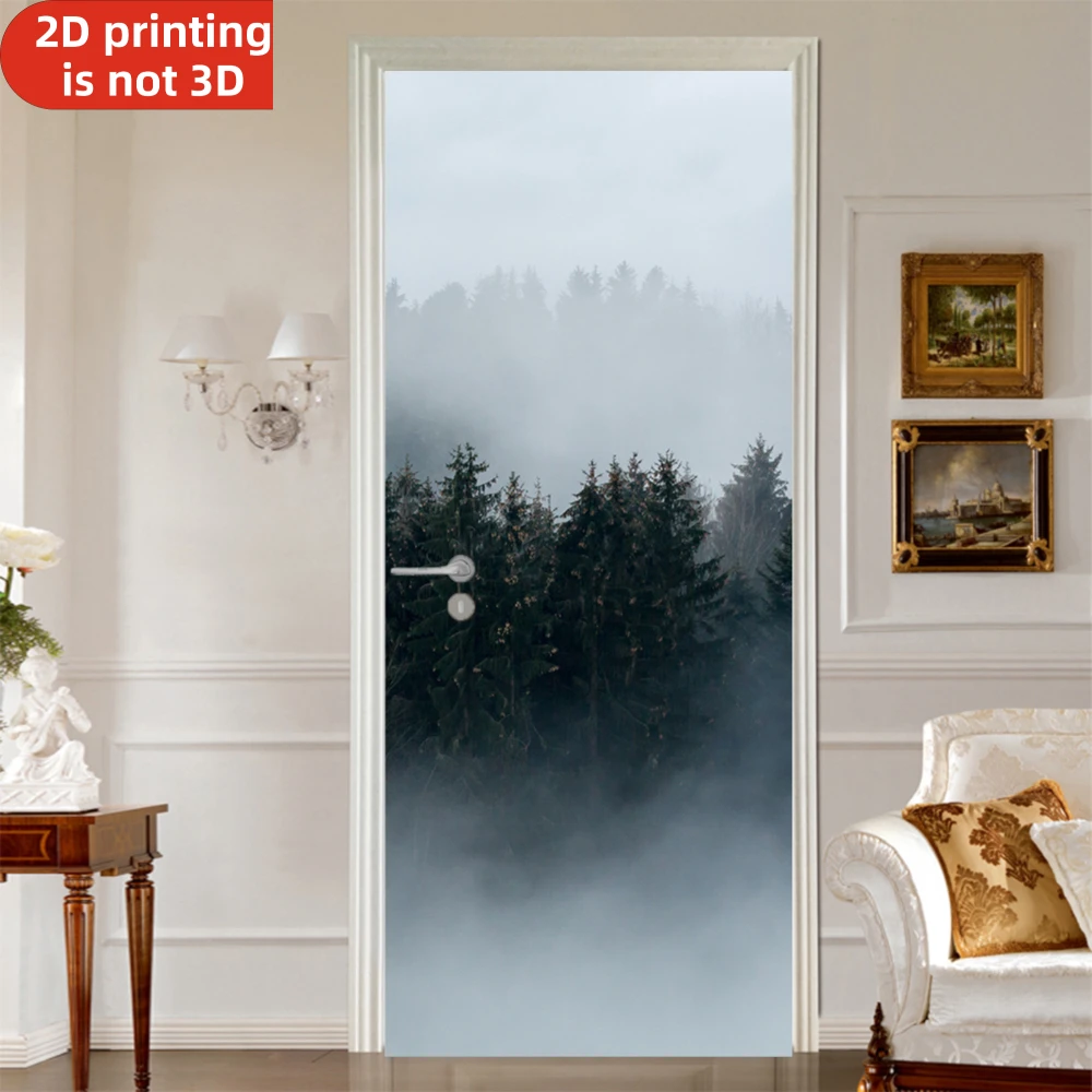 Self-adhesive Door Stickers Misty Forest Tree Scene Print Vinyl Fridge Cover Decal Peel and Stick Wallpaper for Home Decor