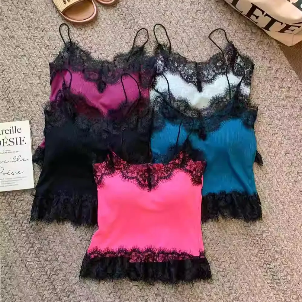 2025 New Women's Slim Fit Cotton Lace Sexy Sweet Style Integrated Cup Strap Vest with Chest Pad Nylon Spandex Short Length Pu...