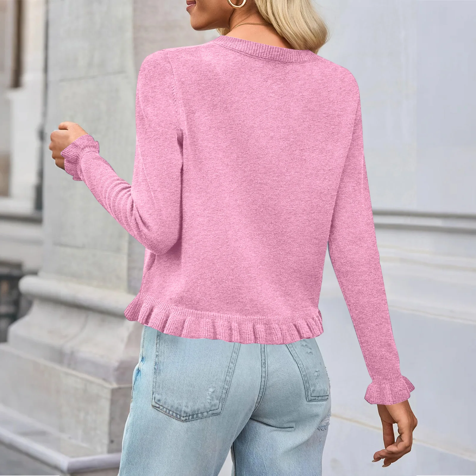 Sweter Pendek Warna Solid Fashion Kasual Wanita Atasan Ruffle Ropa Mujer Pulls Femmes Pakaian Musim Dingin Wanita одежда женская