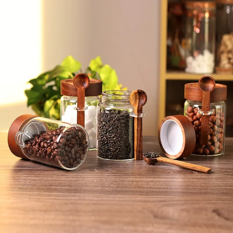 Threaded Mouth Acacia Wood Cover Glass Storage Jar with Spoon Sugar and Salt Seasoning Glass Seal Jar Oat Bottle