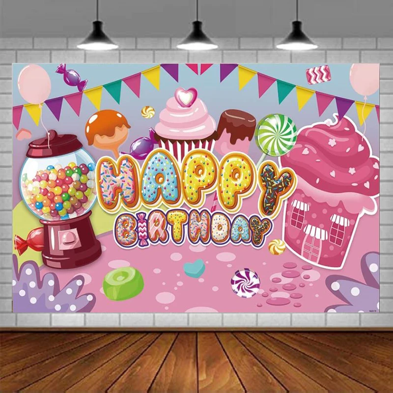 Sweet Candyland Backdrop For Birthday Party Girls Dessert Table Decor Cupcake Lollipop Background Pink Icecream Studio Props