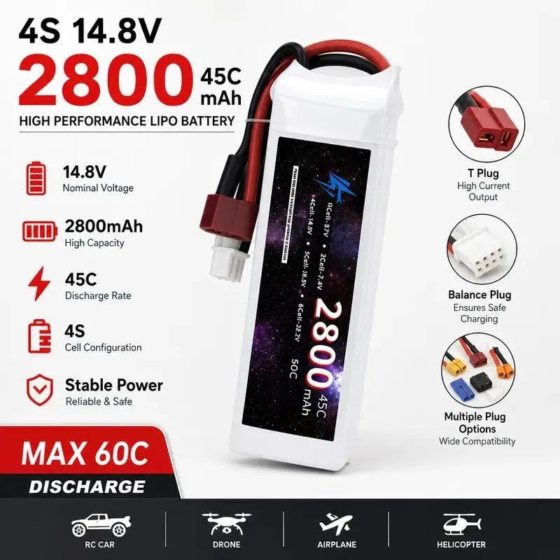 for Model Aircraft Drone RC Vehicle Ship Battery 2800mAh 4S 14.8V 45C Rechargeable Lipo Battery