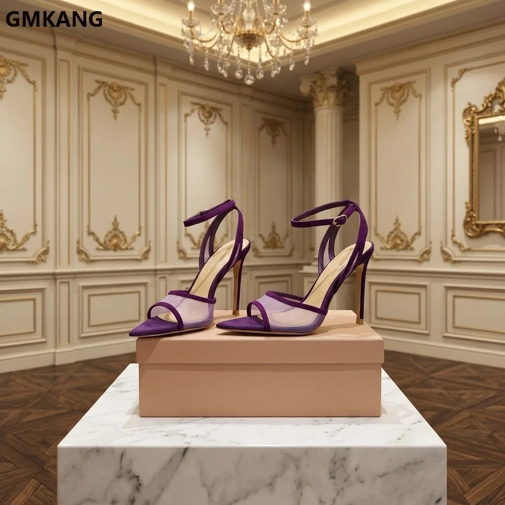 Women's Mesh Pointed Toe Low Heel Ankle Strap Sandals, Breathable See-Through Upper, Slip-On Chunky Heel, Casual Summer
