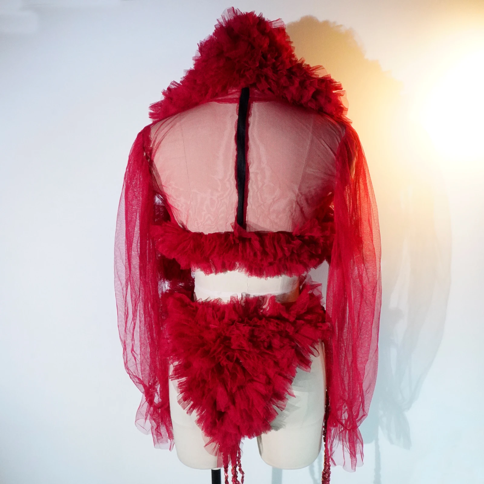 Kobiety czerwona siatka przezroczysta 3-częściowy kapelusz top szorty piosenkarka występ taneczny festiwal strój klub nocny Bar Rave kostiumy DS