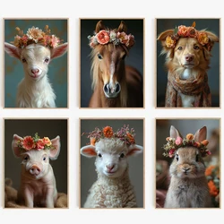 Flower Crown Animals Canvas Posters Bunny Goat Pig Dog Horse Sheep Painting and Prints Wall Art Pictures for Home Kid Room Decor