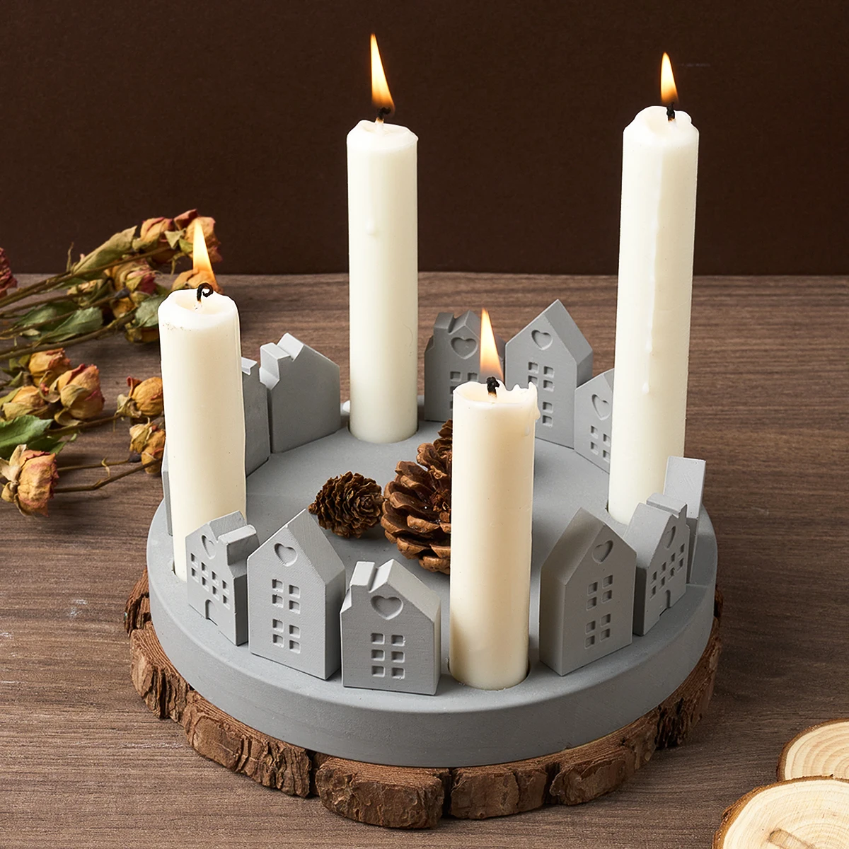 Concrete House Candlestick Set Silicone Mold DIY Round 4-Hole Candle Holder Plaster Base Resin Mold Handmade Craft Gift Supplies