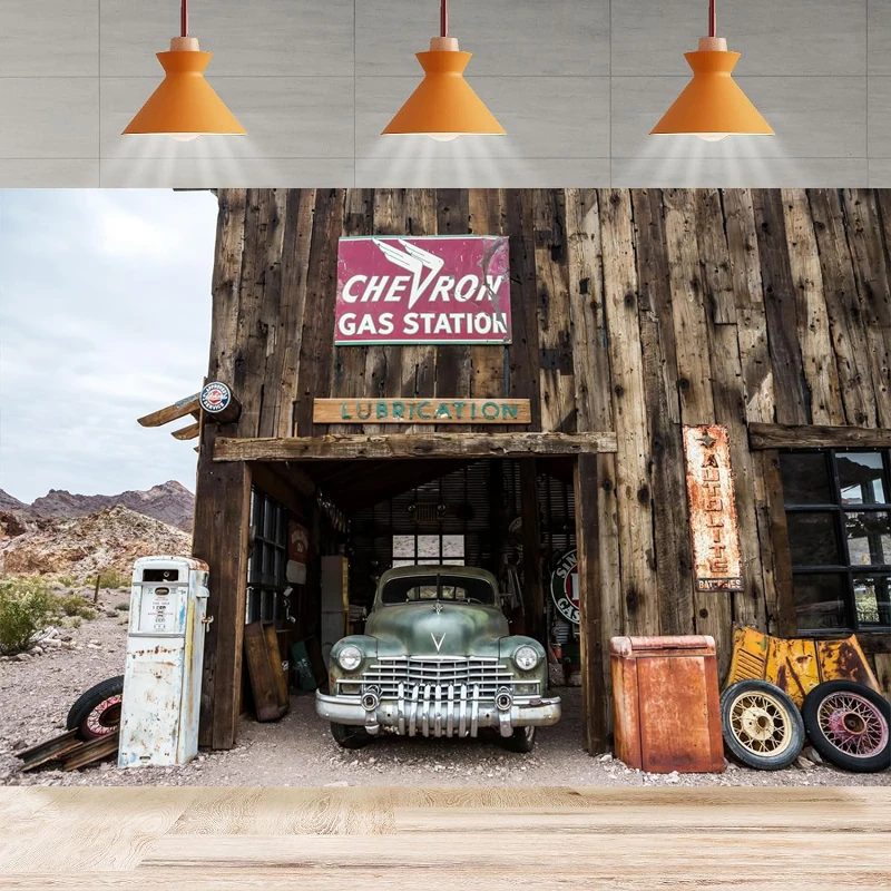 Gas Station Photography Backdrop Rusty Old Vintage Car Car Repair Garage Background Wall Home Party Decor Banner 50s Route 66