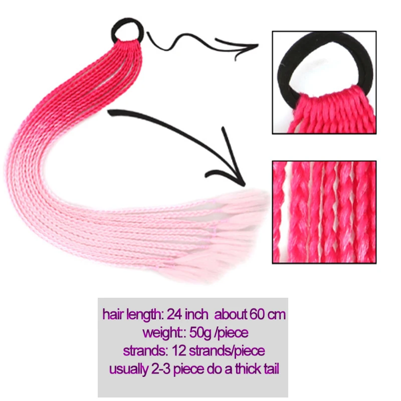 Synthetic Multi-Strand Rainbow Long Straight Braid Hair Extensions Elastic Rubber Band  Ponytail Hair Accessories for Women