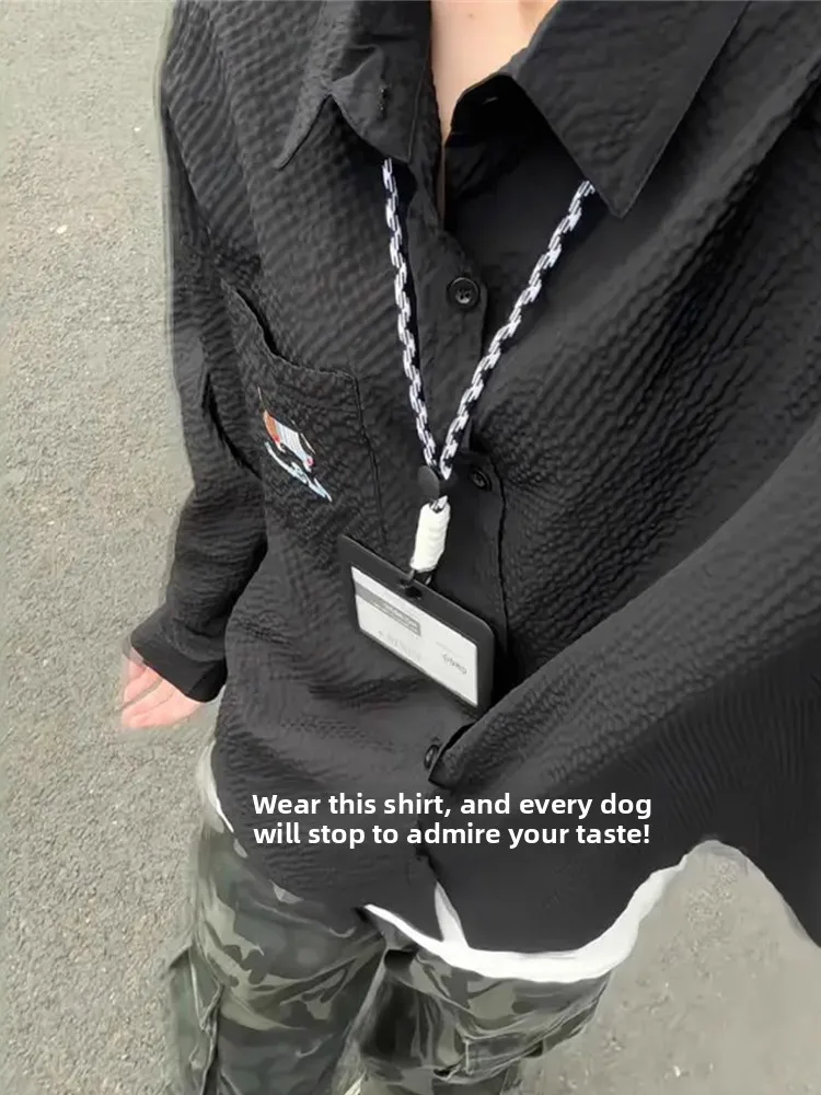 

Autumnal Casual Embroidered irt Stand Fit Long Sve Youthful Polyester Durable Button-Up Men's Sausage Dog Print Top