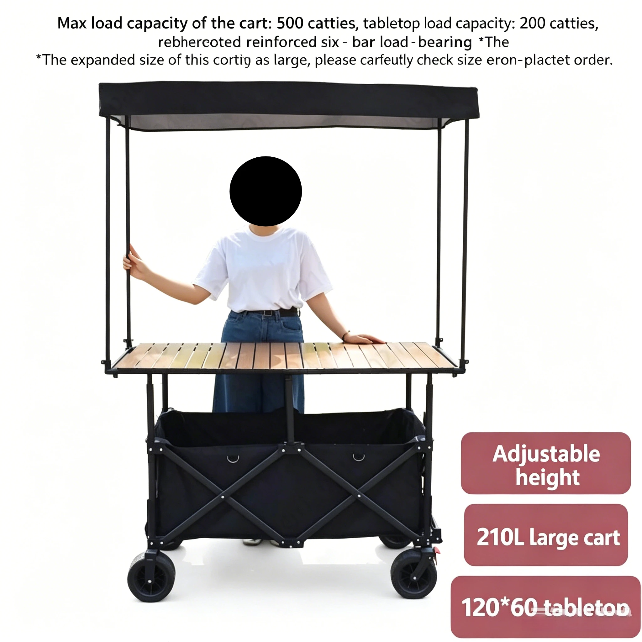 Large Capacity Foldable Street Food Vendor Cart 120×60 Adjustable Tabletop Outdoor Multifunctional Camping Trolley