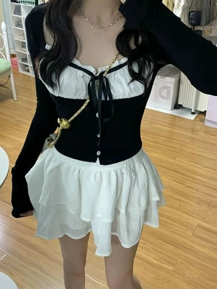 Japanese Kawaii Two Piece Set Women Bow Vintage Sweet Mini Skirt Suit Female Long Sleeve Fashion Tops + Causal Skirt 2023 Autumn