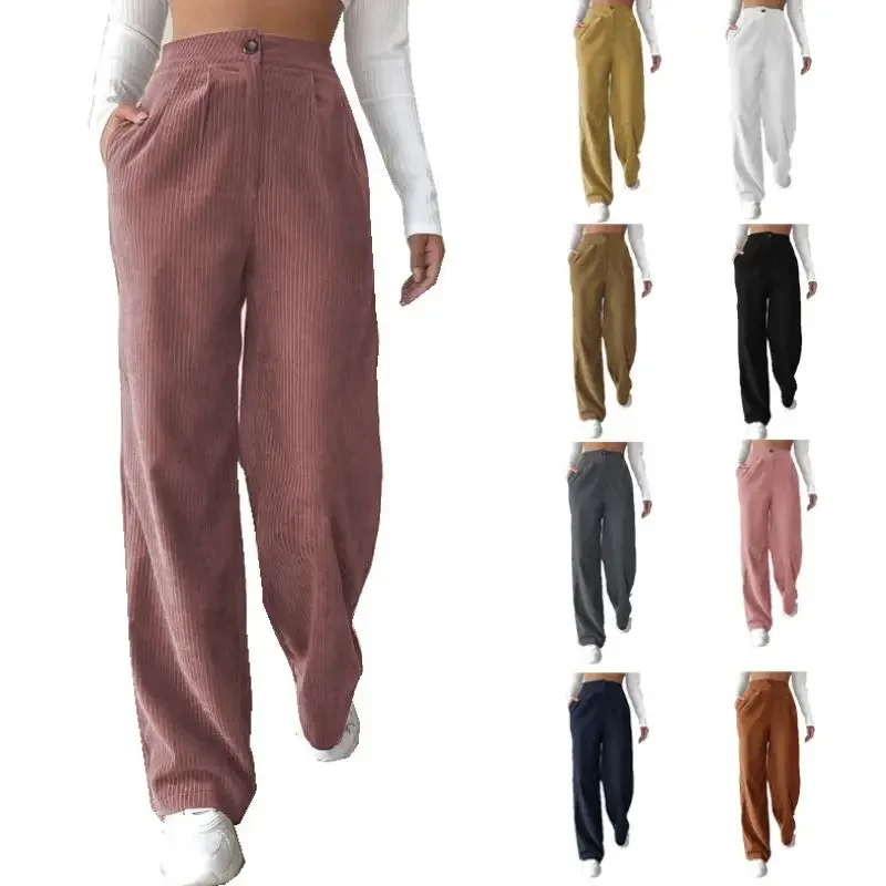 

2024 Fall New Women's High-waisted Casual Pants Europe and The United States Solid Color Corduroy Loose Straight Pants Female