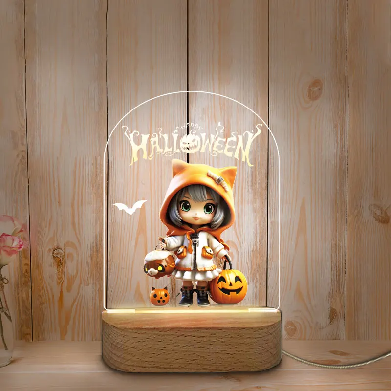 Veilleuse LED USB personnalisée, impression de documents, base en bois, veilleuse pour la maison, la chambre des mères et des bébés, décoration d'Halloween