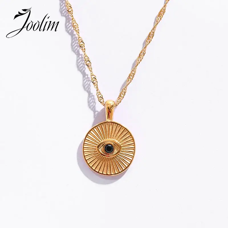 

Joolim Jewelry Wholesale Non Tarnish Permanent Black Zirconia Clever Coin Eye Pendant Stainless Steel Necklace for Women