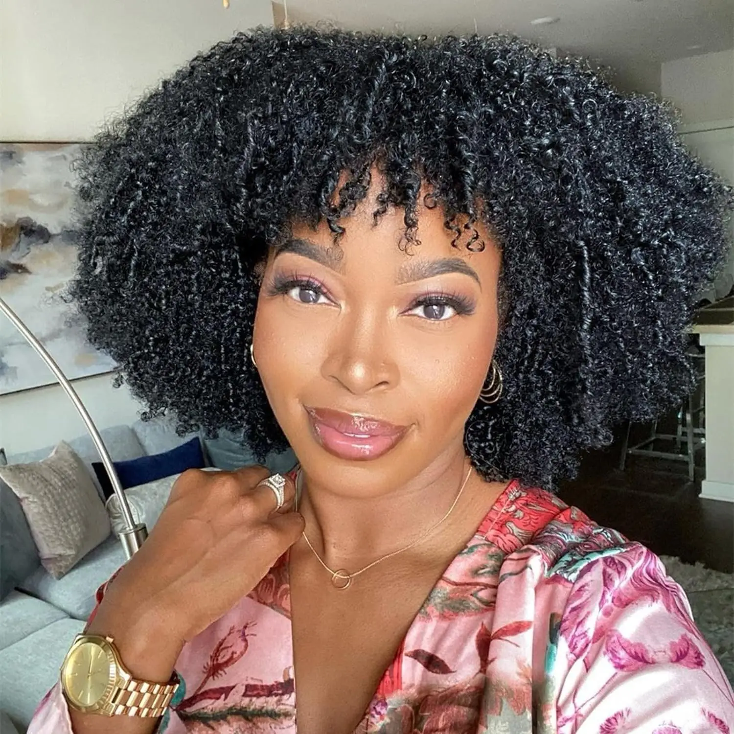 Afro Kinky Curly Human Hair Wigs with Bangs For Women Full Machine Made Wig Brazilian Remy Hair Curly Fringes Wig 10-22 Inches