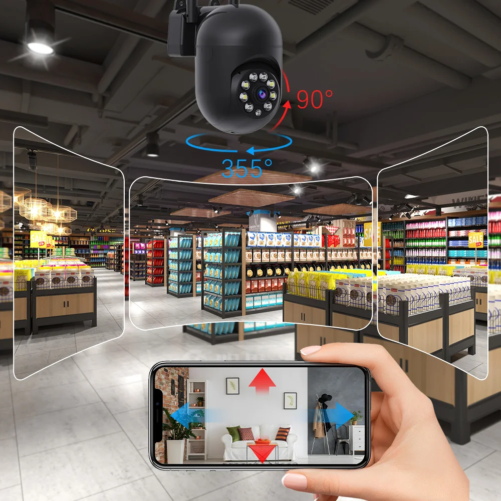 Panoramica WiFi da 3 MP 355 °   Inclinazione 90 °    Telecamera di sicurezza wireless Visione notturna a colori Rilevazione movimento Telecamera automatica audio bidirezionale