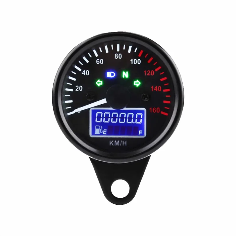 Universal Retro Motorcycle Speedometer LCD Fuel Level Display Neutral High Beam Turn Signal Metal Housing Gauge 0-160km/h