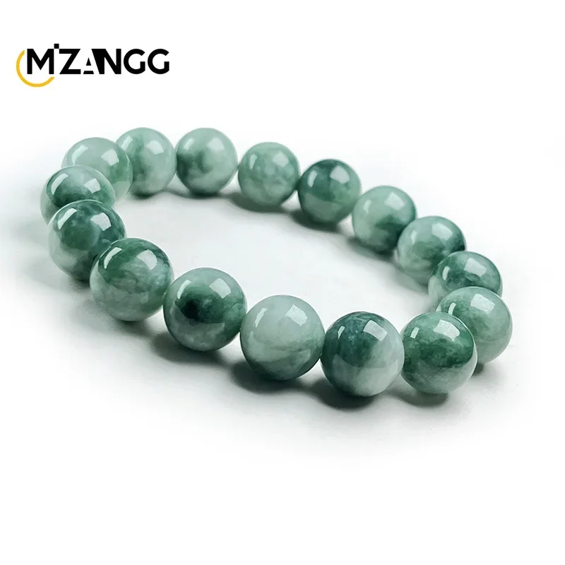 Natural Myanmar Floating Green Flower Jadeite Round Beads String High-grade Fashion Men's and Women's Bracelet Jewelry Gift