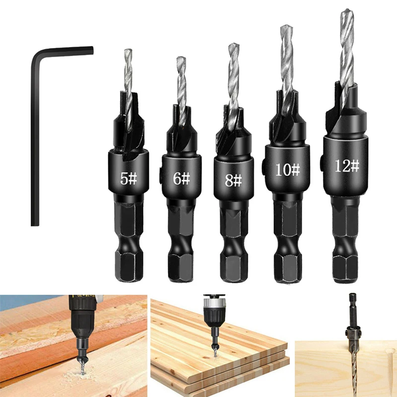 1pc Countersink Drill Bit Set Wood Tools Woodworking Drill Bit Pilot Holes Hex Shank Screw Size #5 #6 #8 #10 #12