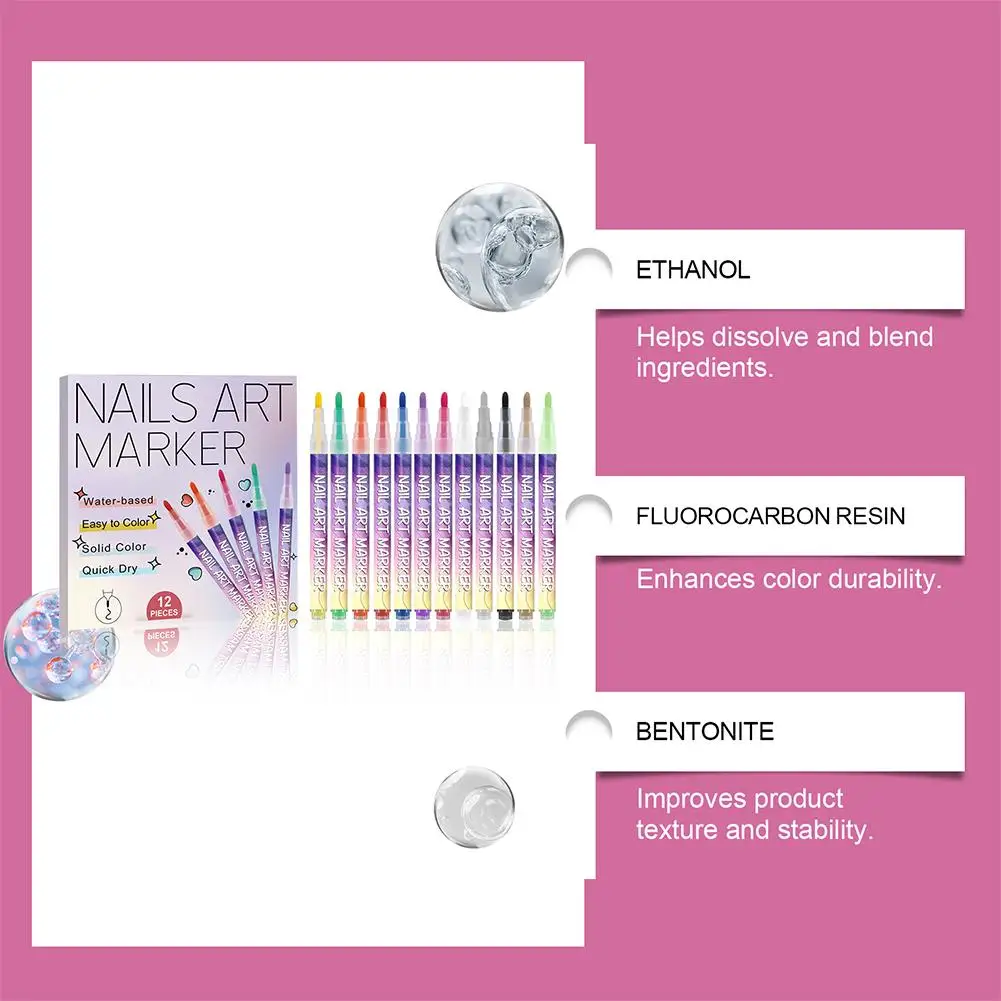 12개 네일 아트 드로잉 그래피티 펜 젤 펜슬 0.5mm 방수 페인팅 라이너 브러쉬 빠른 건조 네일 마커 DIY 매니큐어