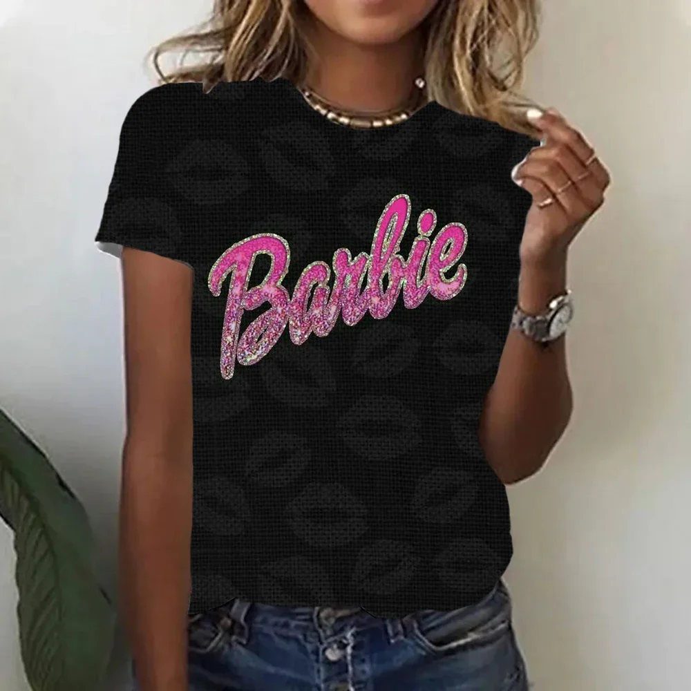 2024 T-shirt da donna nuova a maniche corte Barbie Cartoon Primavera ed estate Casual Girocollo Stampato Dea T-shirt stile semplice