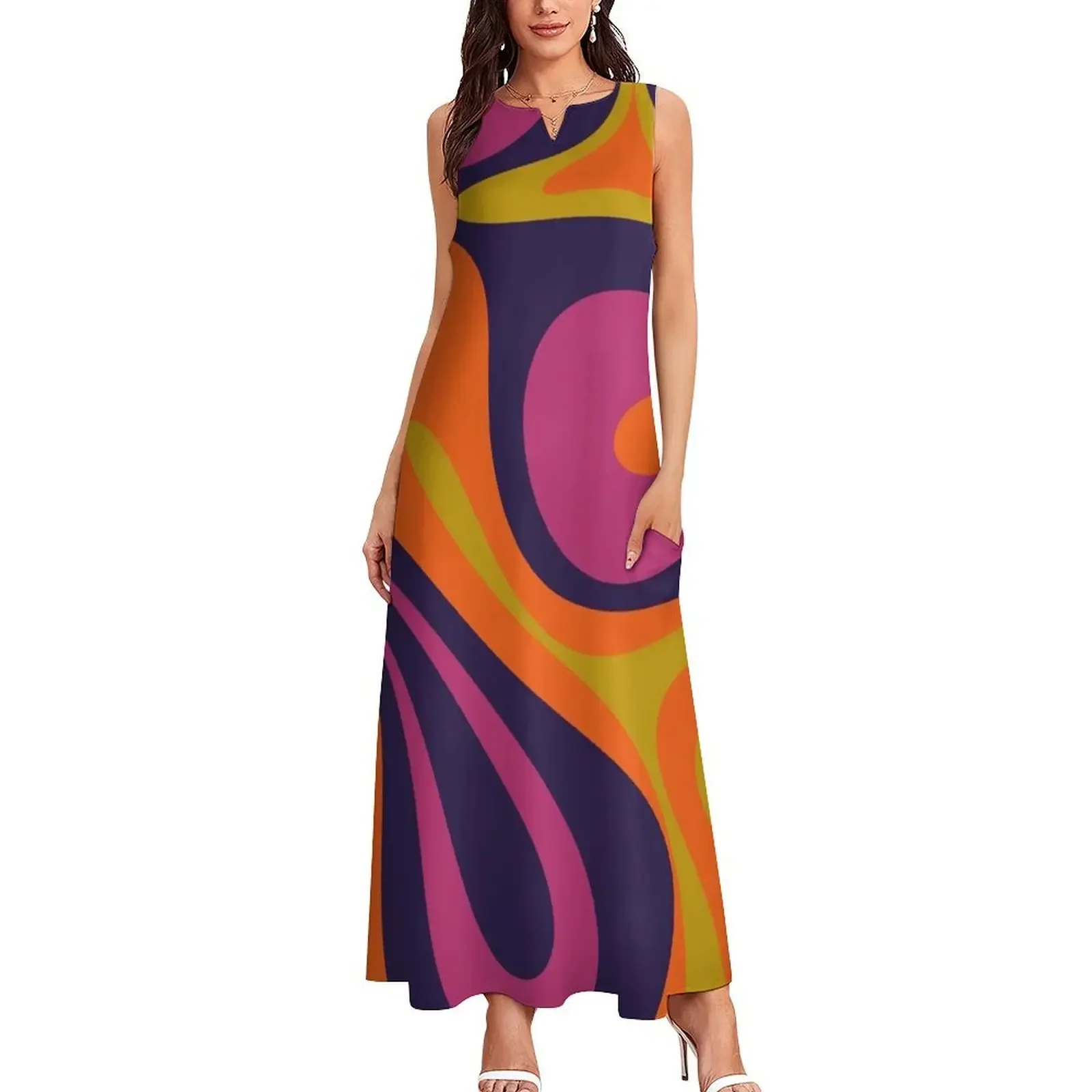 Mod Swirl Retro Abstract 60s 70s 80s Pattern Blue Orange Lime Magenta Long Dress elegant women's dresses sale Dress