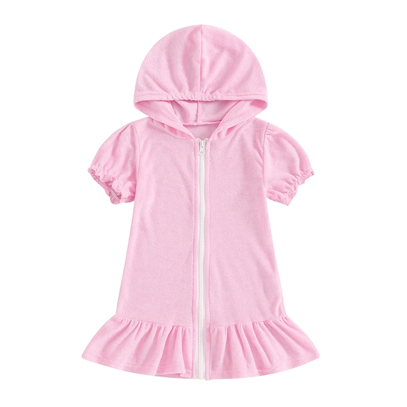 

Little Girl Swim Cover Up Casual Loose Solid Color Short Sleeve Ruffled Zipper Hooded Swimsuit Toddler Bathing Suit