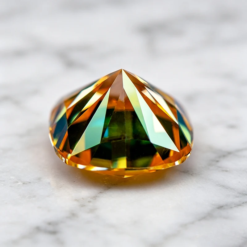Moissanit-Stein im Kissen-Schliff, goldgelber Edelstein für DIY-Schmuckherstellung, besteht den Diamanttest mit Zertifikat. – Detail 2