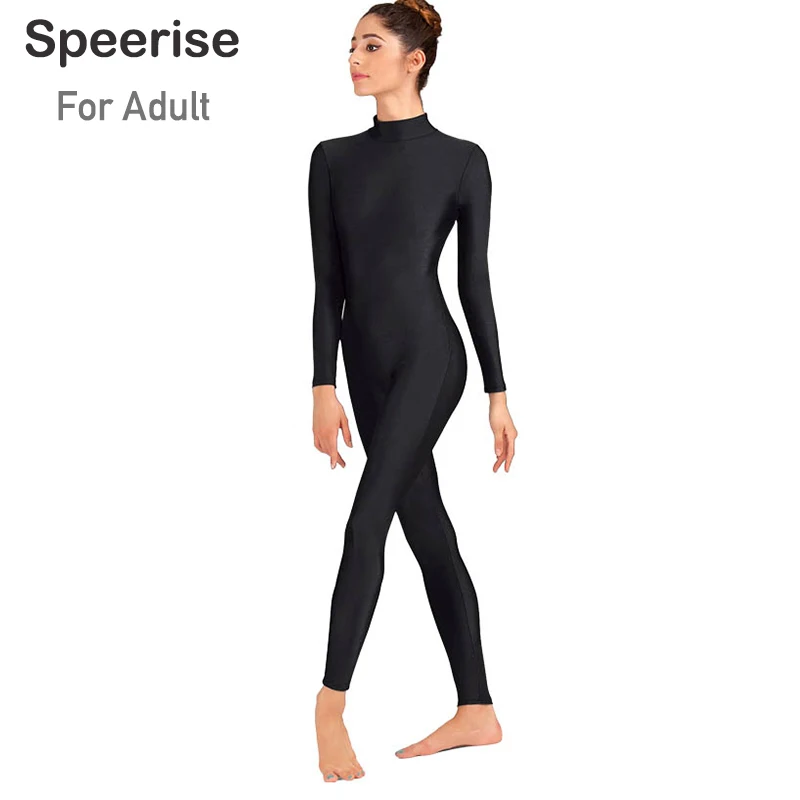 Speerise Adult Turtleneck Unitard Footless Full Body Zip One Piece Bodysuits Spandex Women Ballet Dance Long Sleeve Yoga Costume