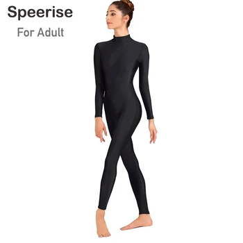 Speerise-Body de una pieza con cremallera para adulto, mono de cuello alto sin pies, traje de Yoga de manga larga para baile de Ballet de LICRA