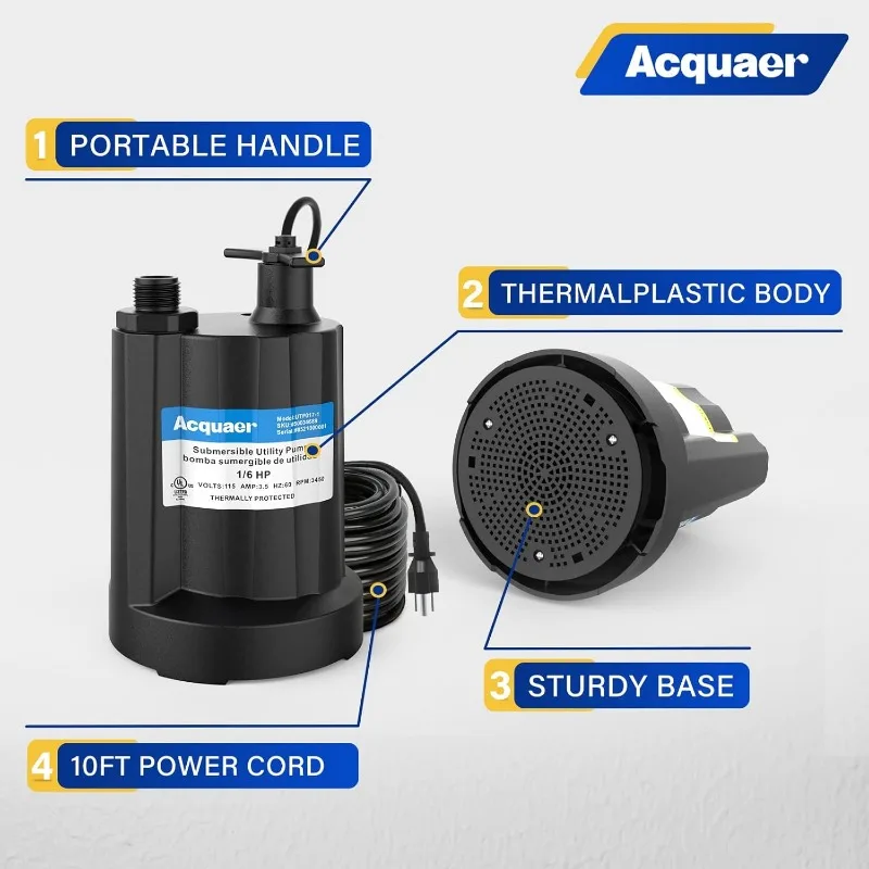 Submersible Water Pump 1/6 HP Sump Thermoplastic Utility Small Electric Water 1750GPH Water Remove