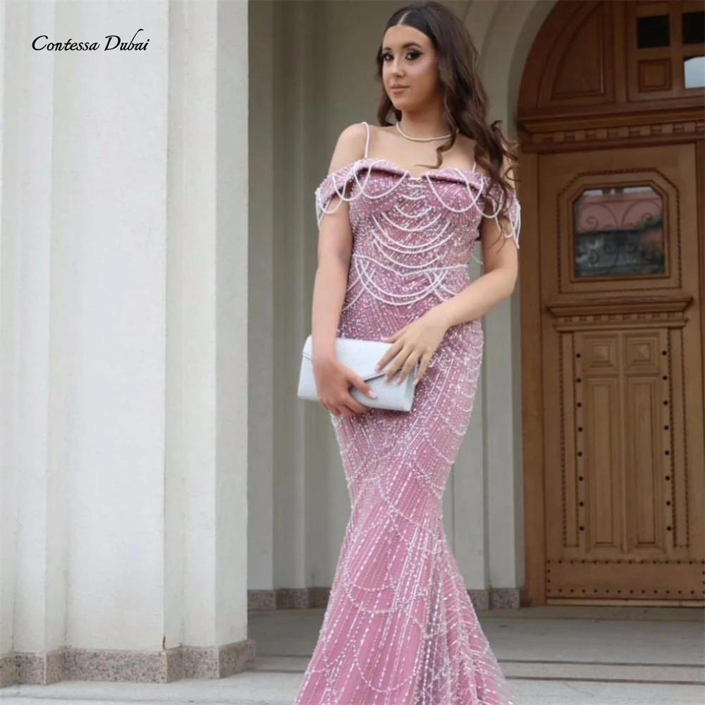 

Contessa Custom evening dress prom dress mermaid gown off shoulder spaghetti strap beaded drape elegant tulle party dress glam