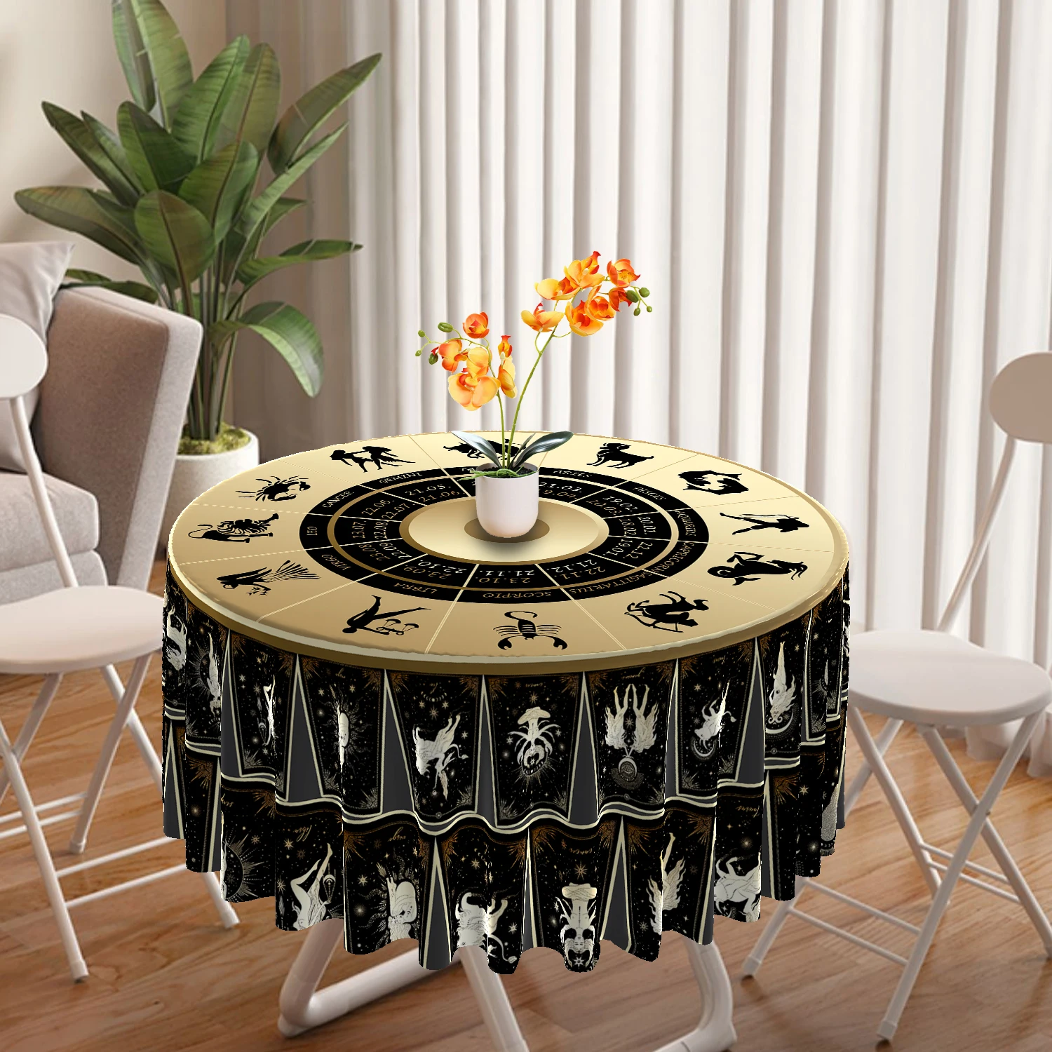 1 Piece Tarot Circular Tablecloth Waterproof Color Terrace Dining Table Cover Multi-purpose Towel 63 inch Black Gold Tableclot