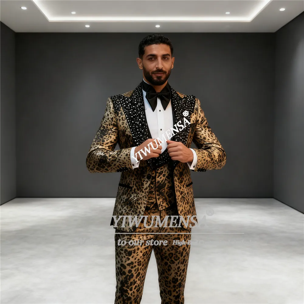 

Мужской модный костюм с леопардовым принтом, мужские пиджаки с лацканами из бисера и камнями, комплекты из 3 предметов по индивидуальному заказу, свадебные смокинги для жениха, костюм Homme