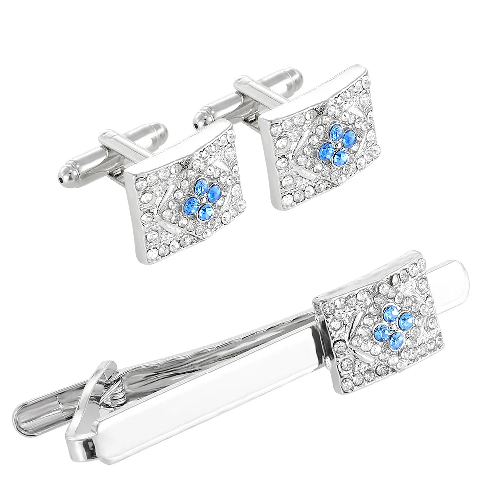 Neuheit Luxus Rechteck Raute Voller Kristall Manschettenknöpfe Krawatte Clip Set Blau Und Klar Strass Gepflastert Schmuck Für Männer – Detail 8