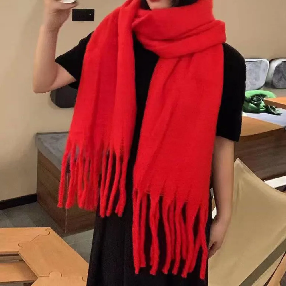 

New Warm Winter Cashmere Scarf Soft Mohair Long Tassel Scarves Solid Color Thickened Shawl Wrap Women